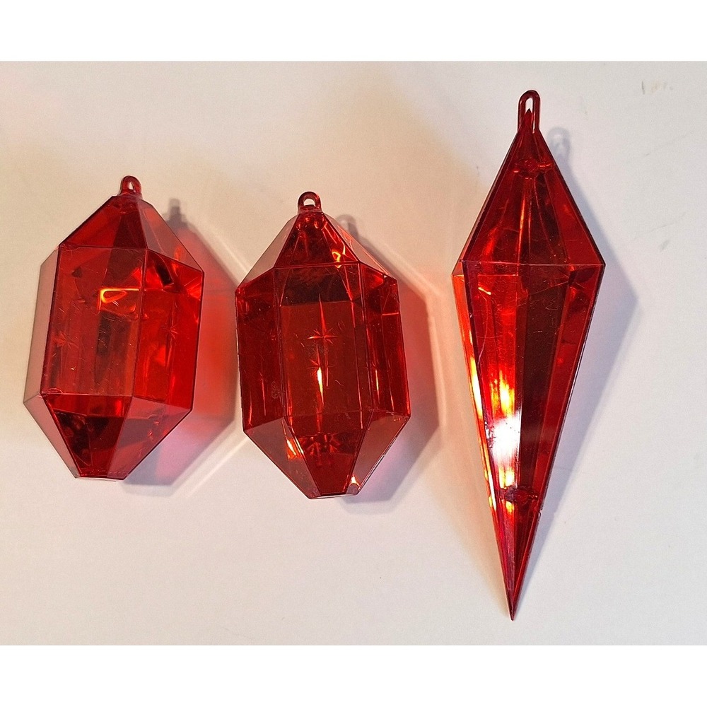 Vintage Red Acrylic Crystal Ornaments Set of 3 Jewel Tone Starburst Icicle Drop